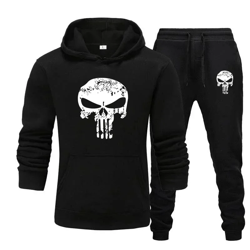 Streetwear Brand Hoodie - 2 個セットトラックスーツフード付き男性スカルブランド秋冬スウェットシャツ + 巾着パンツ男性スポーツパーカーランニングスポーツウェア