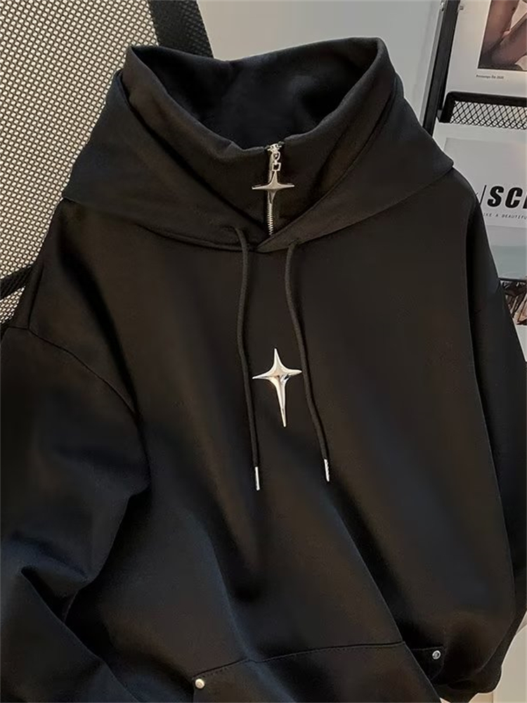 Streetwear Brand Hoodie - 秋冬ハイネックパーカー男性カジュアルトレンディスポーツレトロクール十代のフード付きジャケットルーズフィットブランドユニセックスストリートウェア