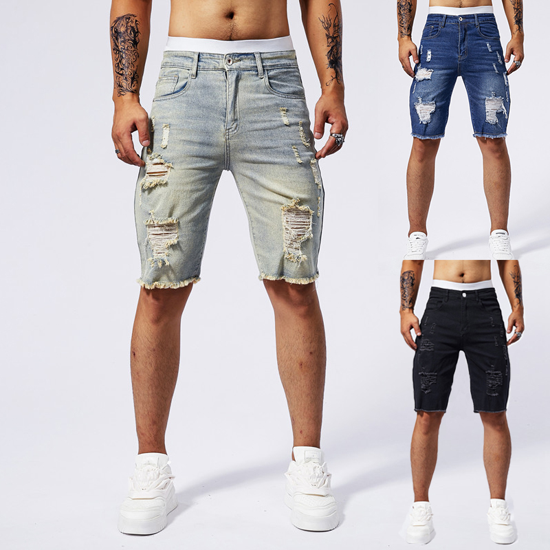 Streetwear Brand Clothing - 2025 夏の新メンズリッピングデニムショーツファッションヴィンテージ穴ストリートストレッチスリム膝丈ショートパンツトレンディなブランド男性
