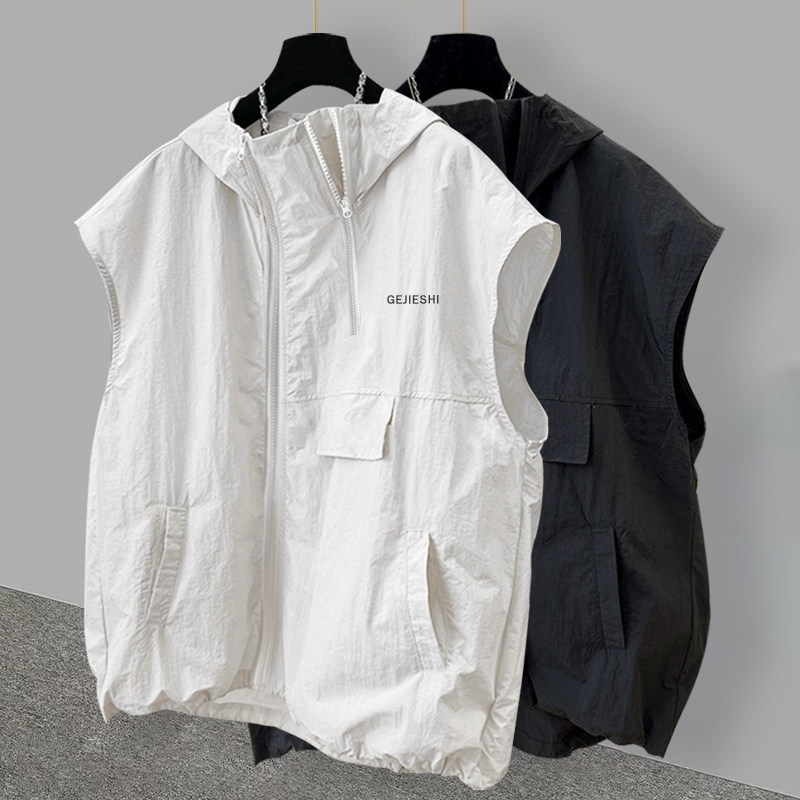 Streetwear Brand Hoodie - アイスシルクジッパーフーディーベストメンズフィットネス夏トレンディブランドハイストリートノースリーブTシャツルーズフィット通気性カジュアルウェア