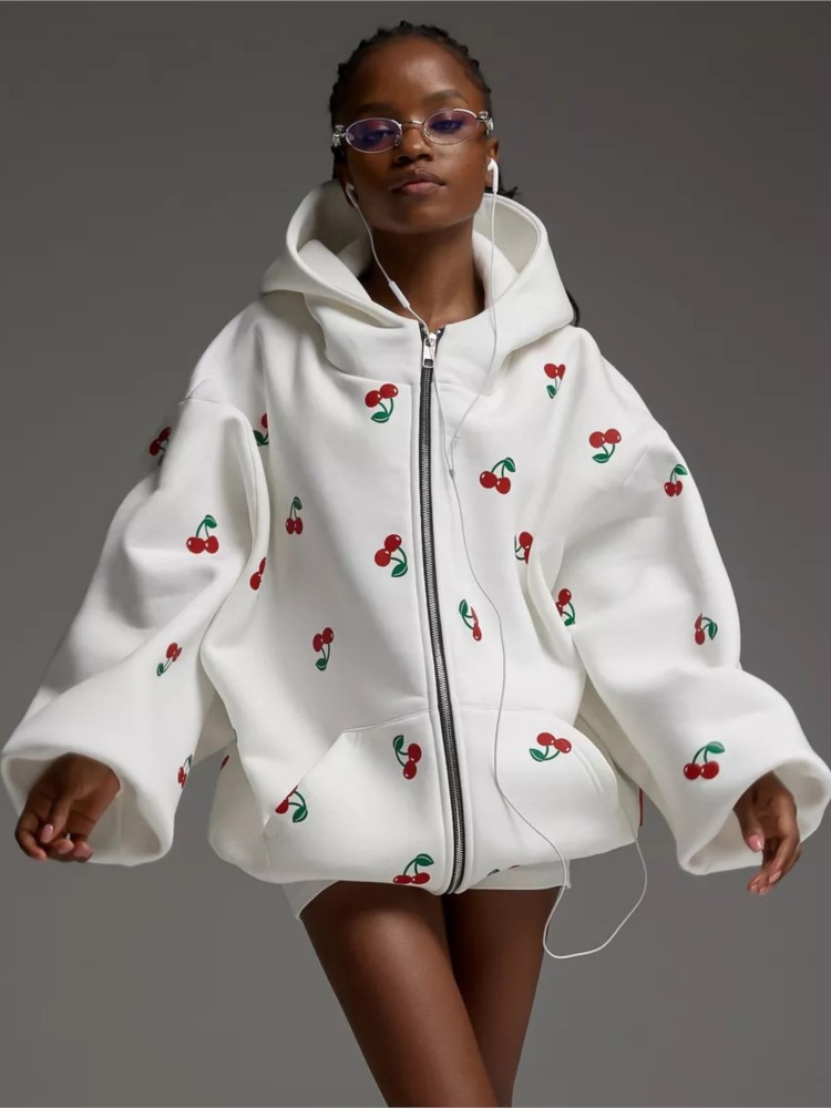 Streetwear Brand Hoodie - レディース チェリー柄 スウェットジャケット 2025年秋 ストリート系 ファッション