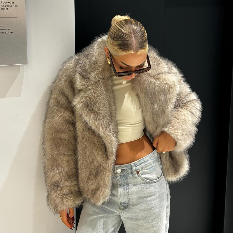 Women Streetwear Brand - シックなストリートガールズグラデーションフェイクファージャケット レディース 冬 2024 ブランドファッション ふわふわフォックスファーコート