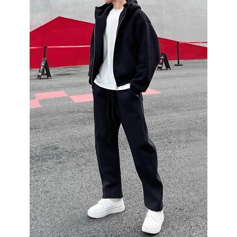 Streetwear Brand Hoodie - メンズフリース裏地付きスポーツウェアセットカジュアルルーズフィットパーカースウェットパンツツーピース秋冬ストリートウェアトレンディブランド