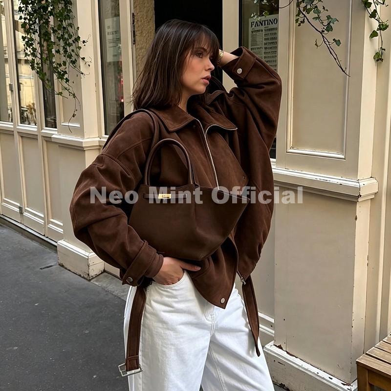 ネオミント秋の新ブラウン特大スエードジャケット女性シックなブ - Women Streetwear Brand のレビューと価格