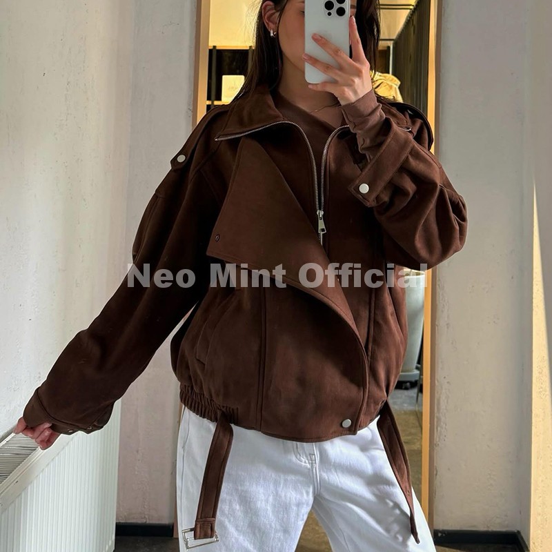 ネオミント秋の新ブラウン特大スエードジャケット女性シックなブ - Women Streetwear Brand のレビューと価格