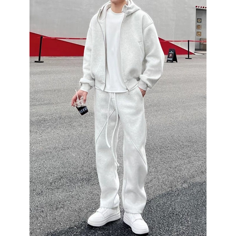 メンズフリース裏地付きスポーツウェアセットカジュアルルーズフ - Streetwear Brand Hoodie のレビューと価格